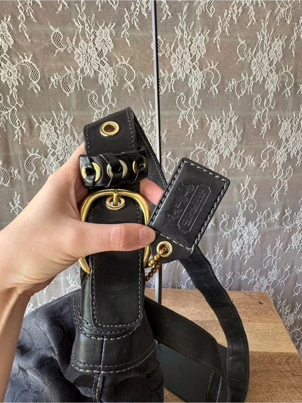 Coach Black Signature Monogram Shoulder Bag with Cherry Charm